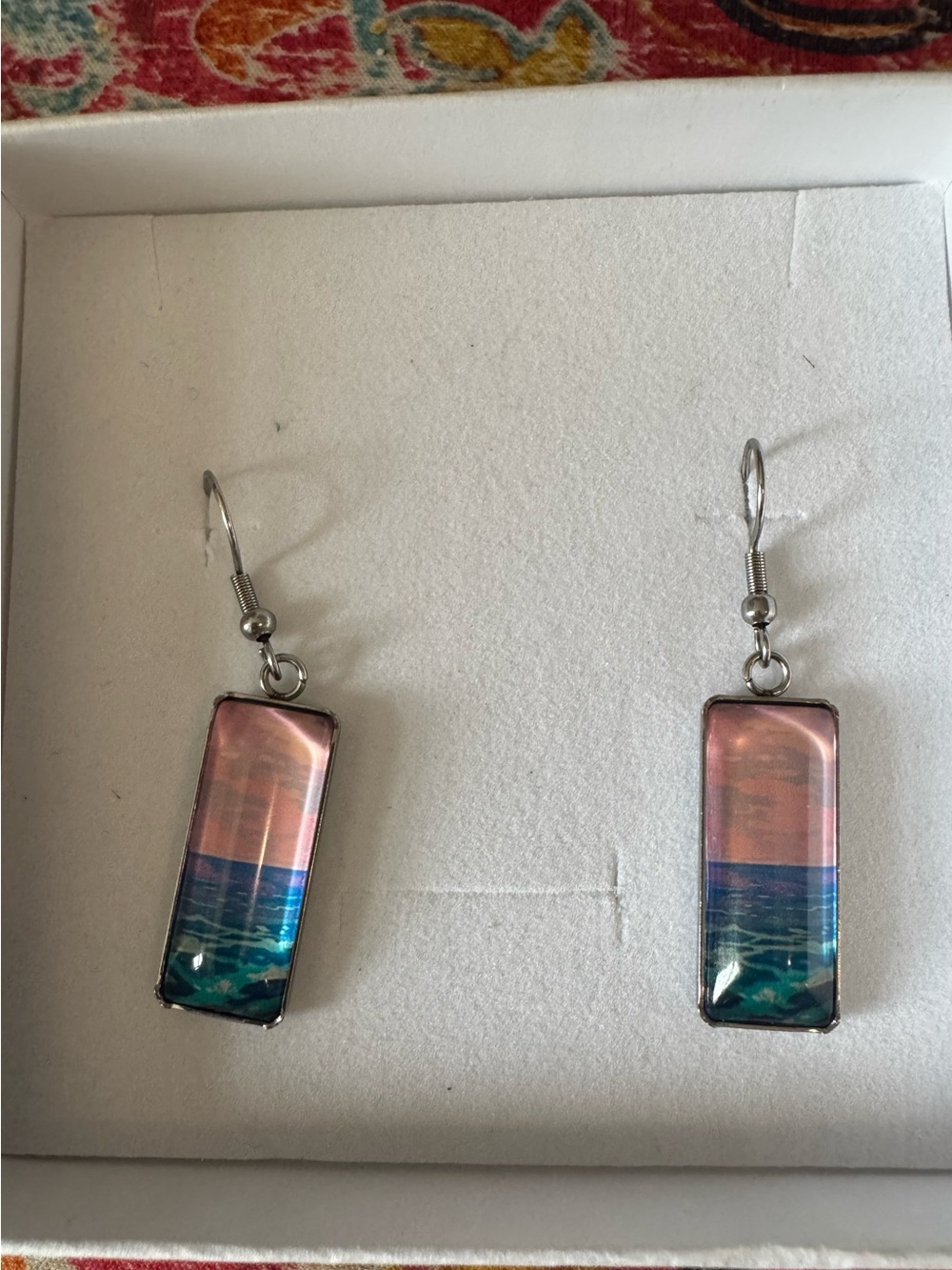 Sunset Scene  Pink & Blue Rectangular Drop Earrings Silvertone